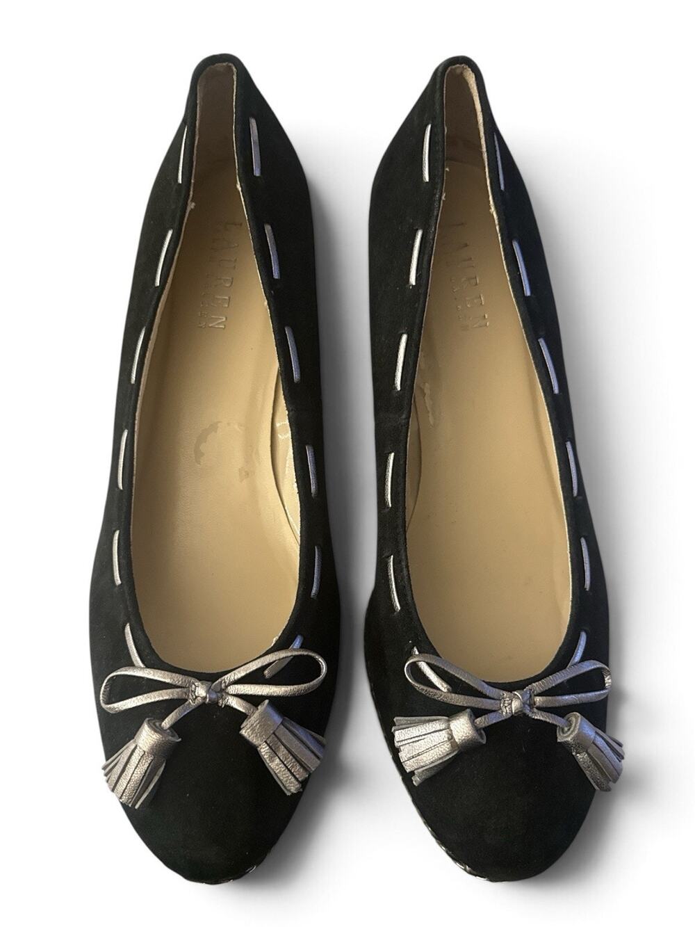 Lauren Ralph Lauren Black Suede Silver Espadrille Wedge Heels 9.5 Cambree